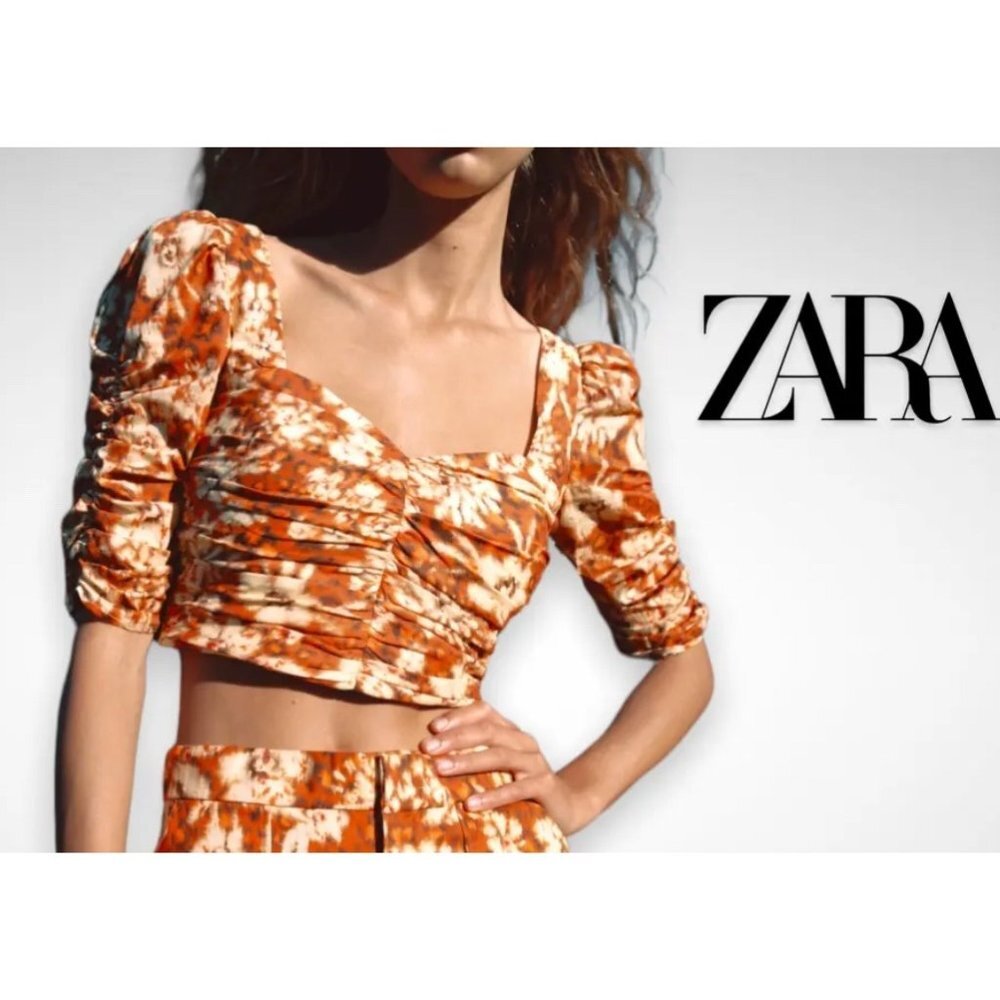 Zara Printed Drape Crop Top Sweet Heart Neck hobo gauzy floral top sz S